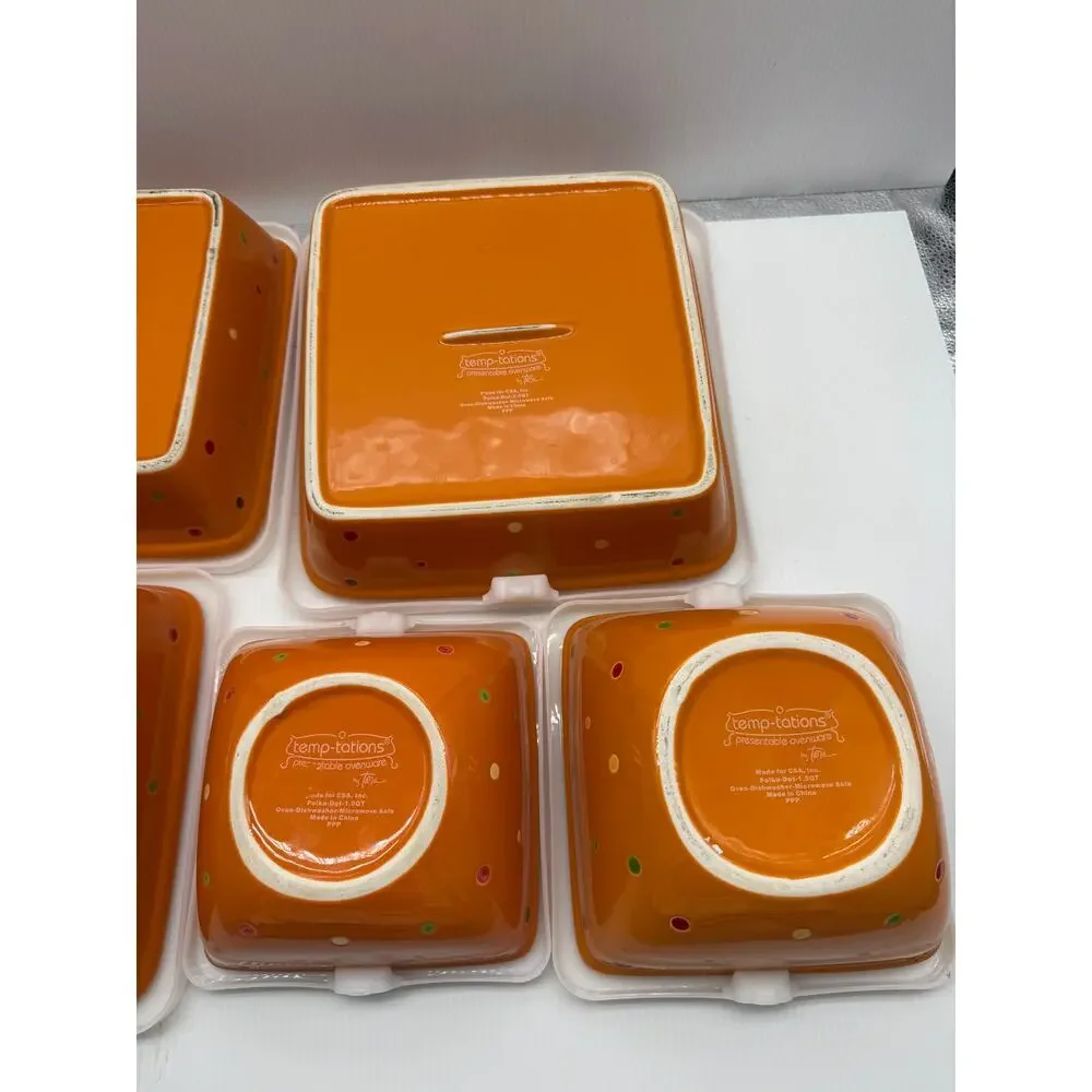 Set of 5 Temp-Tations Orange Polka Dot Casserole Baking Dishes w/ Lids